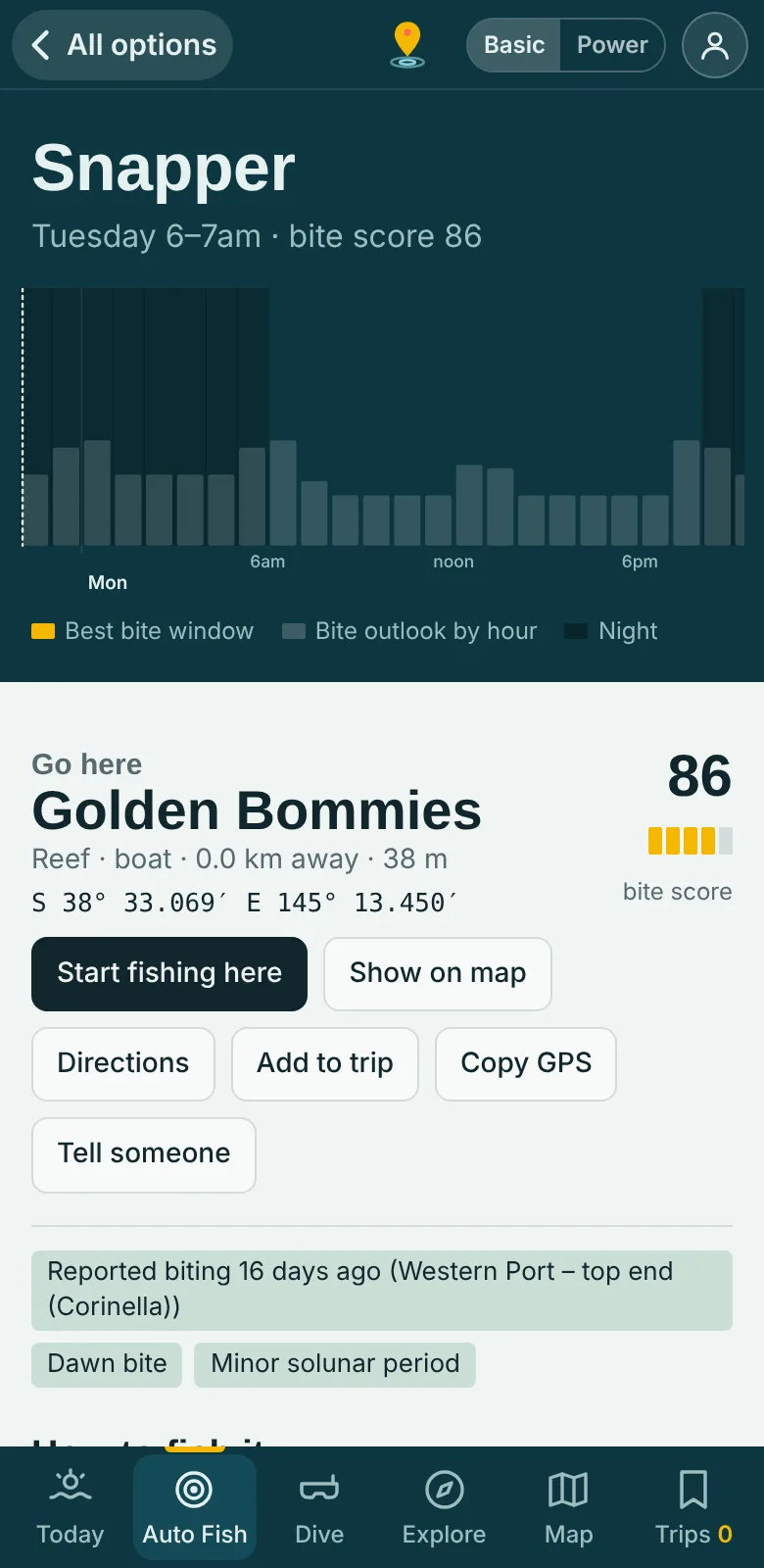 The Reefseeker Auto Fish screen: a snapper plan with the bite-time chart, the suggested mark, distance, depth and bite score