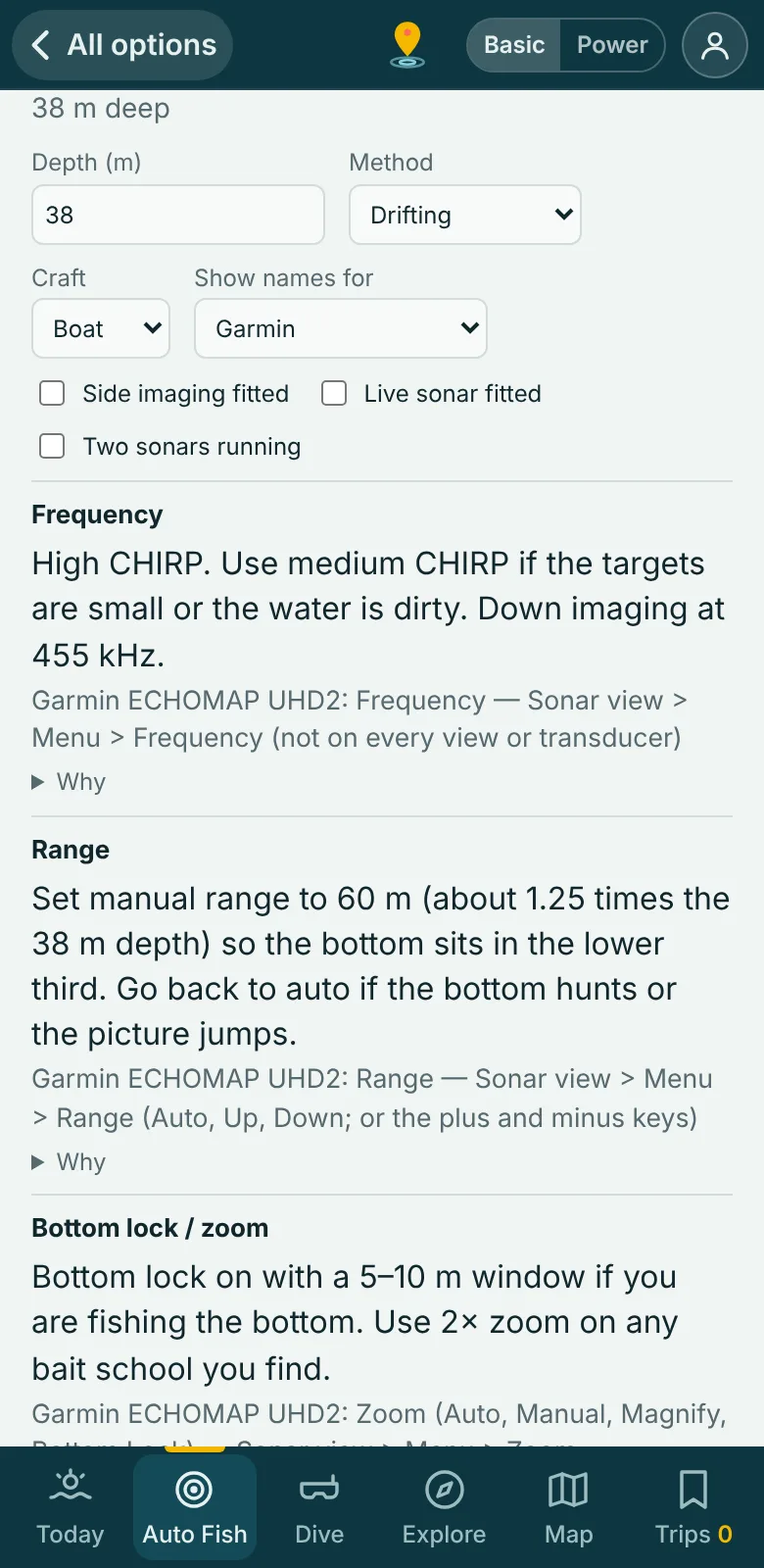 The Reefseeker sounder setup card showing frequency and range advice with Garmin menu names